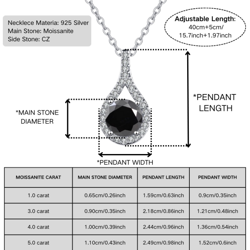 Women's 925 Silver Black Moissanite Pendant Necklace
